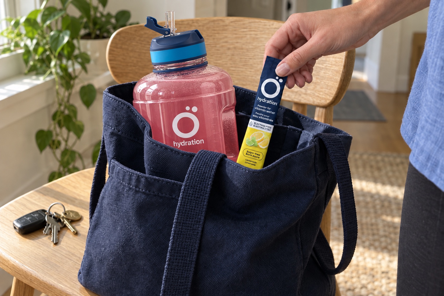 An Ö stick being tucked into a tote bag with the large 2.5 L bottle and keys